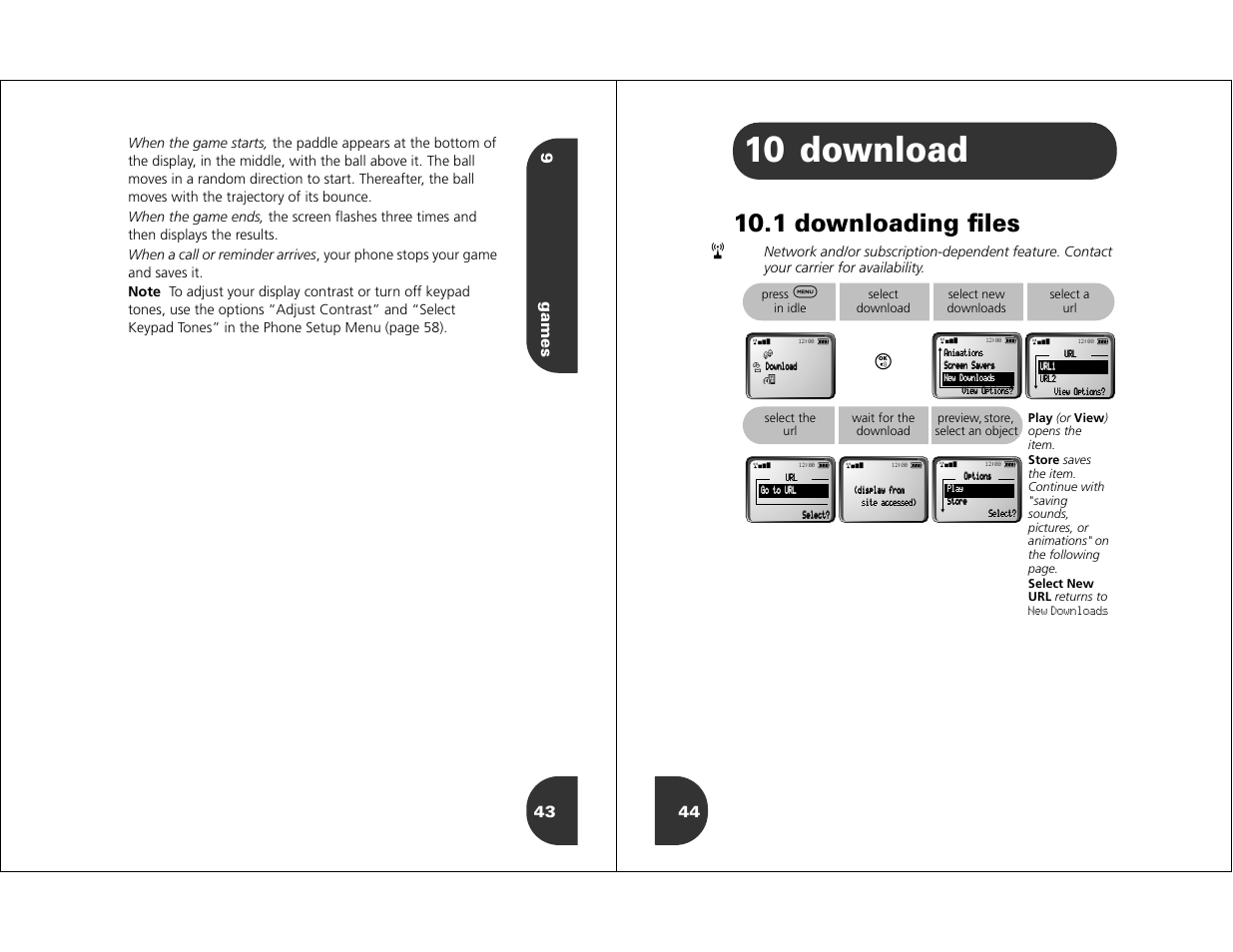 Download, 10 download, 1 downloading files | 9games 43 | Motorola WIRELESS TELEPHONE User Manual | Page 20 / 44