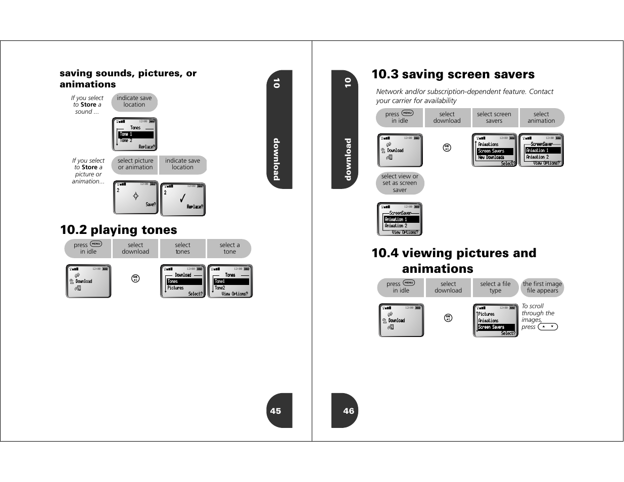 2 playing tones, 3 saving screen savers, 4 viewing pictures and animations | Saving sounds, pictures, or animations, 10 download 45, Download 10 46 | Motorola WIRELESS TELEPHONE User Manual | Page 21 / 44