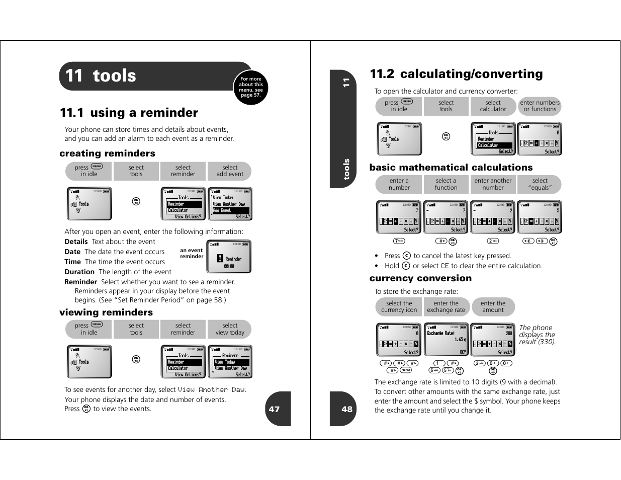 Tools, 11 tools, 1 using a reminder | 2 calculating/converting, Creating reminders, Viewing reminders, Basic mathematical calculations, Currency conversion, Tools 11 48, 1> 65o | Motorola WIRELESS TELEPHONE User Manual | Page 22 / 44