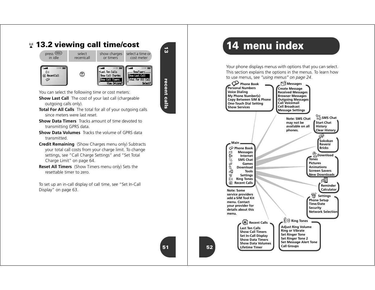 Menu index, 14 menu index, 2 viewing call time/cost | Œ™ ß, 13 recent calls 51 | Motorola WIRELESS TELEPHONE User Manual | Page 24 / 44