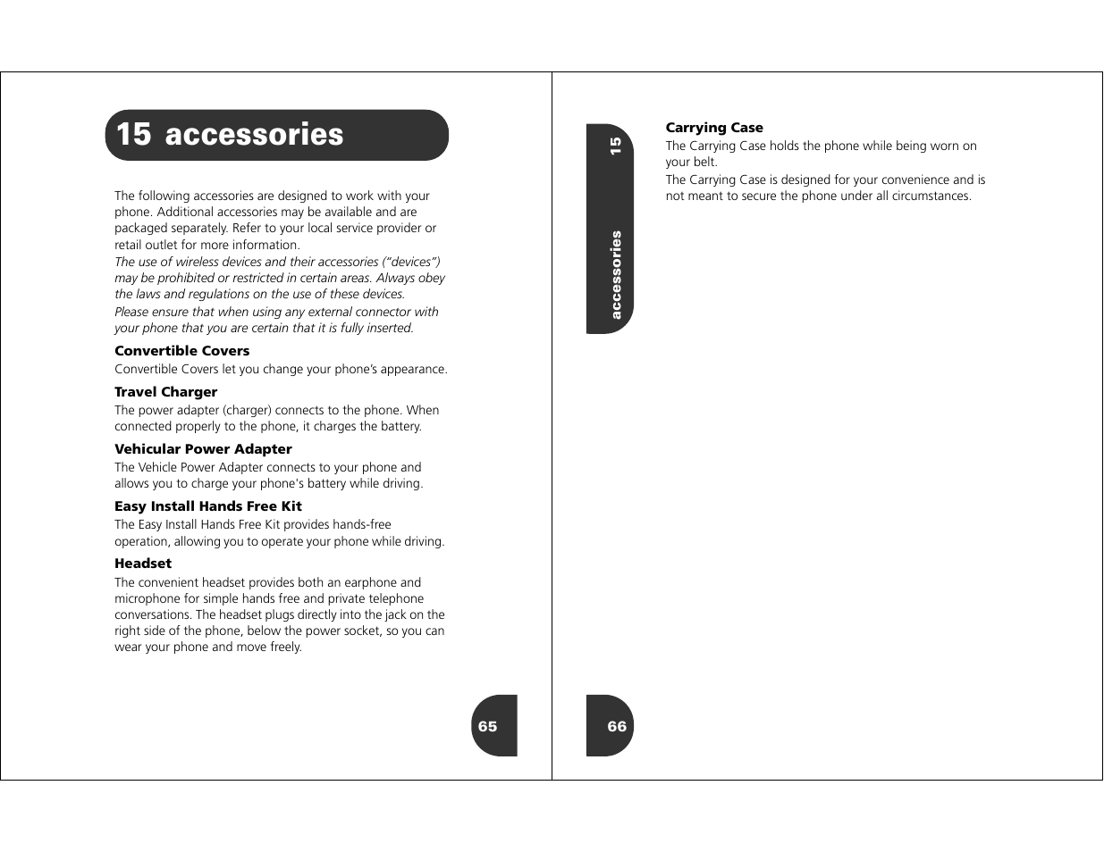 Accessories, 15 accessories | Motorola WIRELESS TELEPHONE User Manual | Page 31 / 44