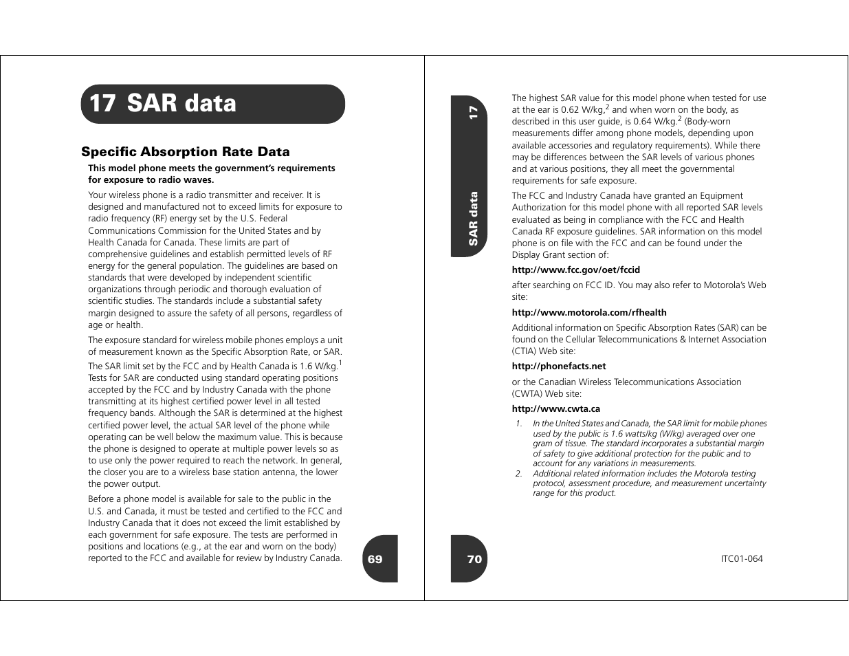 17 sar data | Motorola WIRELESS TELEPHONE User Manual | Page 33 / 44