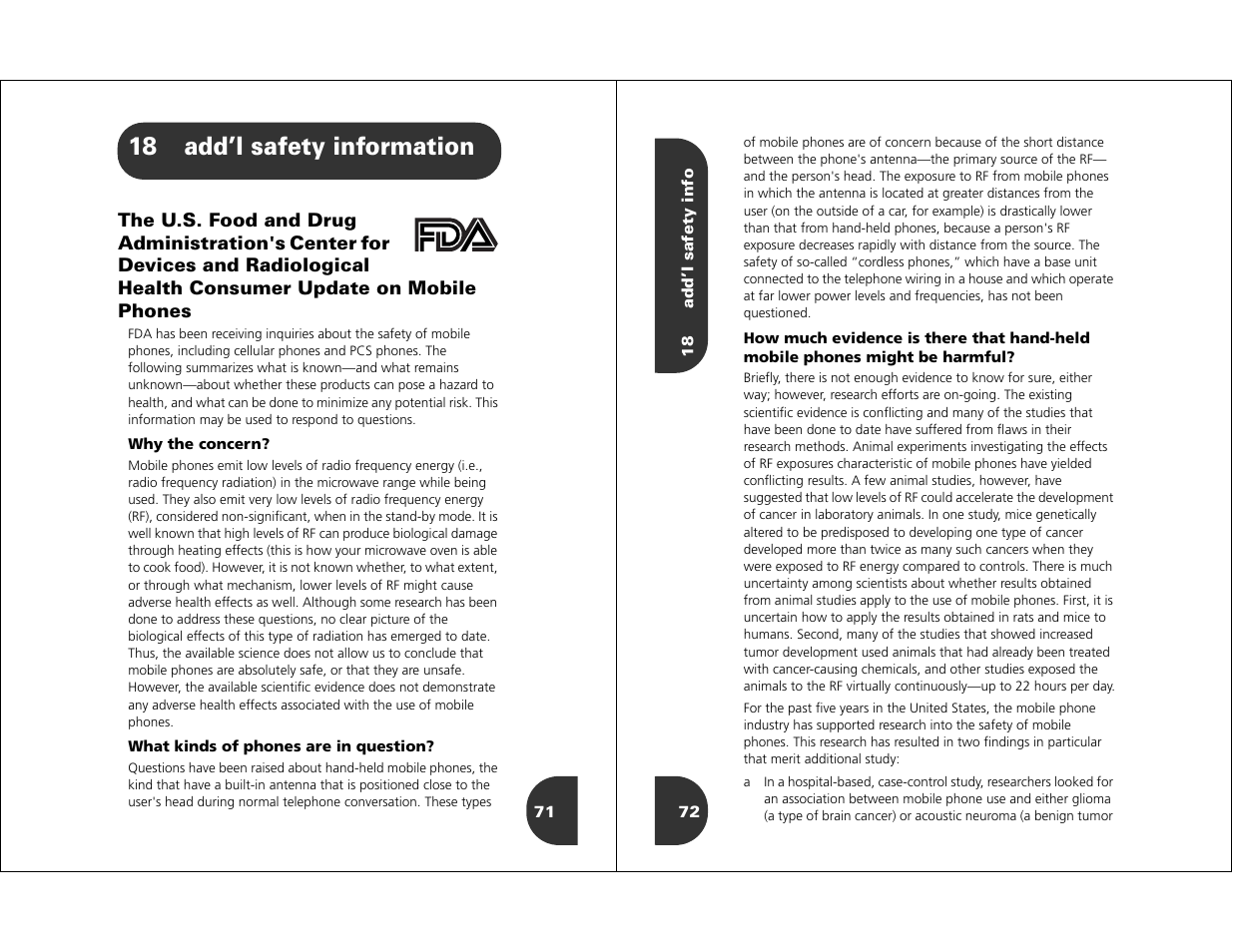 18 add’l safety information | Motorola WIRELESS TELEPHONE User Manual | Page 34 / 44