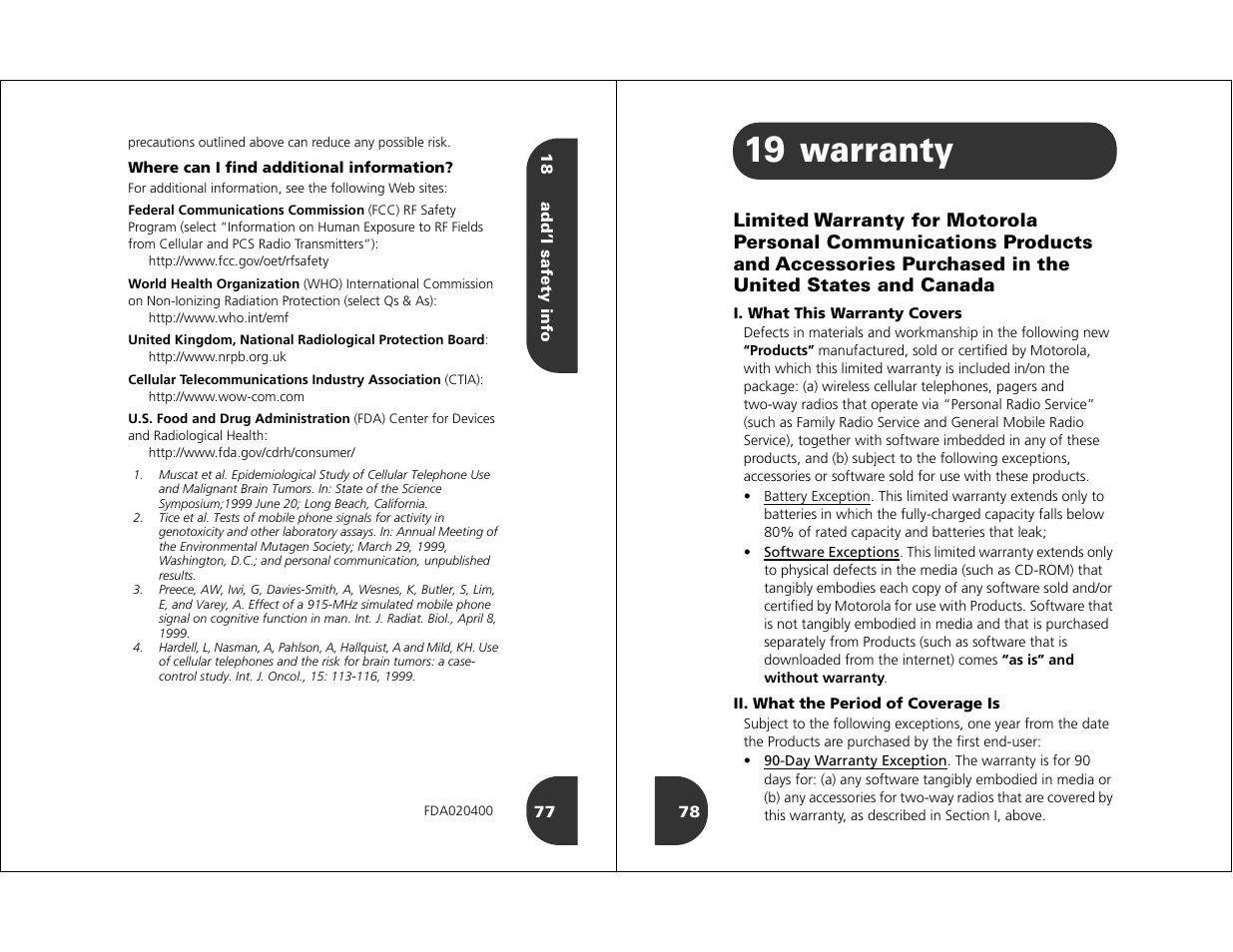 19 warranty | Motorola WIRELESS TELEPHONE User Manual | Page 37 / 44