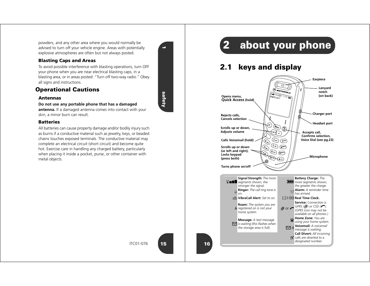 About your phone, Keys and display, 2about your phone | 1 keys and display, Operational cautions | Motorola WIRELESS TELEPHONE User Manual | Page 6 / 44