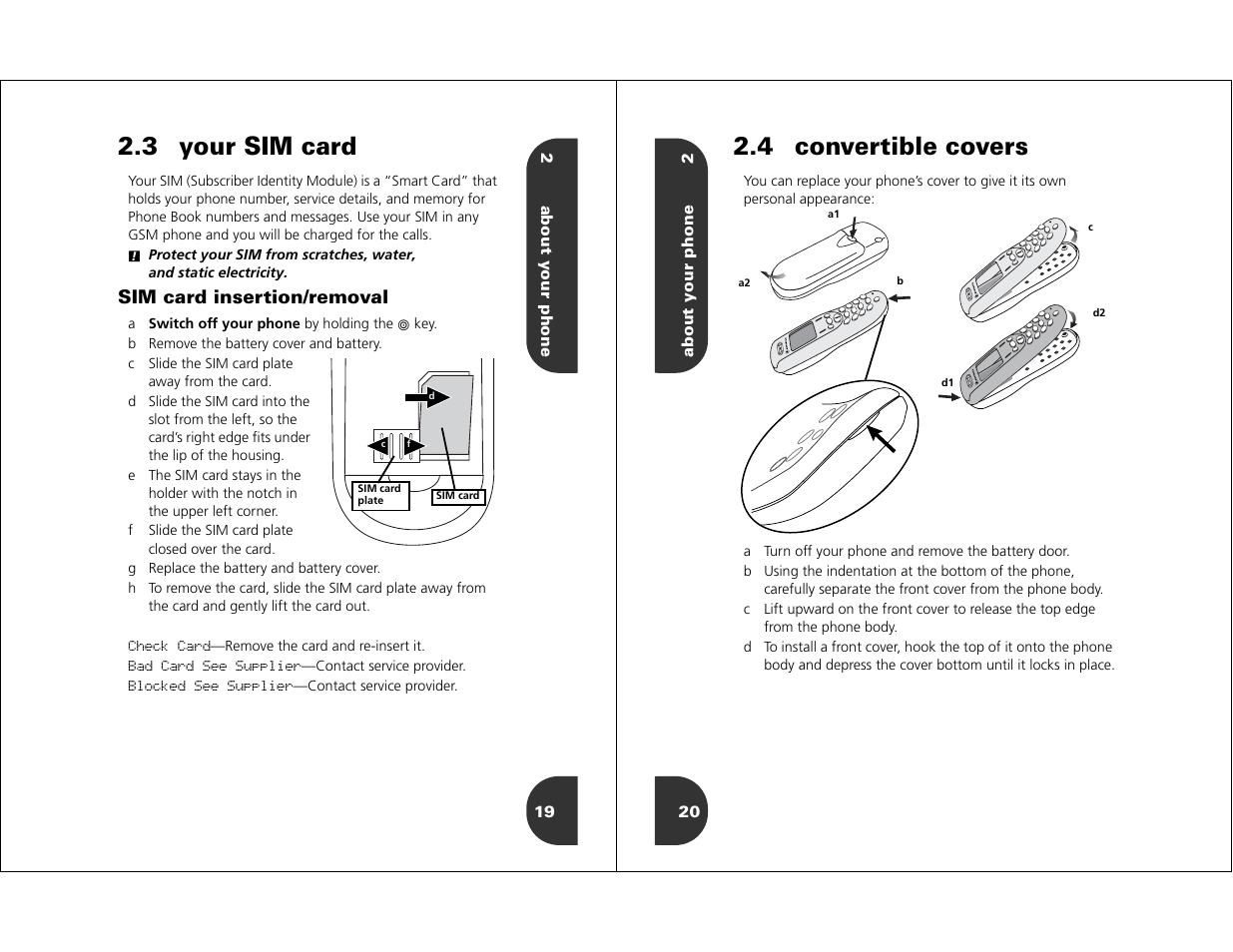 Your sim card, Convertible covers, 3 your sim card | 4 convertible covers | Motorola WIRELESS TELEPHONE User Manual | Page 8 / 44