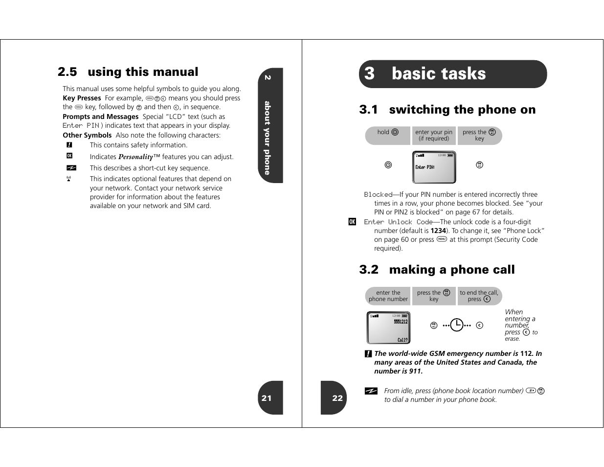 3basic tasks, 5 using this manual, 1 switching the phone on | 2 making a phone call | Motorola WIRELESS TELEPHONE User Manual | Page 9 / 44