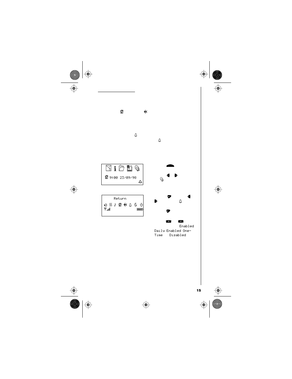 Setting alarms, Main menu, Settings menu | F e i h | Motorola 9501 User Manual | Page 19 / 42