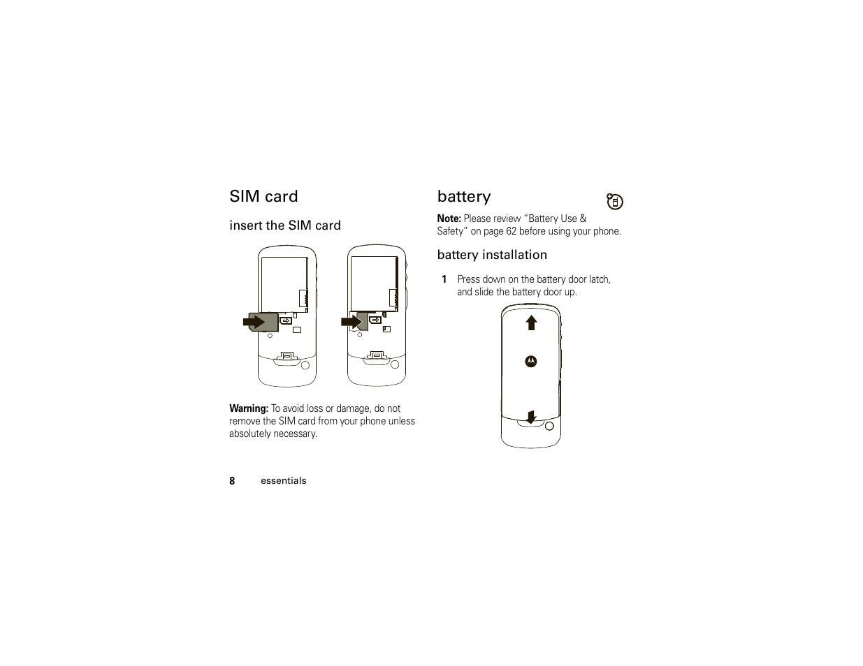 Sim card, Battery, Sim card battery | Motorola I296 H88XAH6JR2AN User Manual | Page 12 / 90