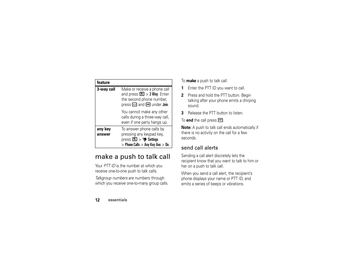 Make a push to talk call | Motorola I296 H88XAH6JR2AN User Manual | Page 16 / 90