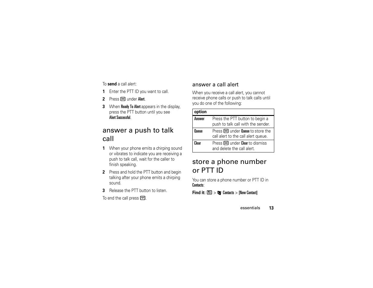 Answer a push to talk call, Store a phone number or ptt id | Motorola I296 H88XAH6JR2AN User Manual | Page 17 / 90