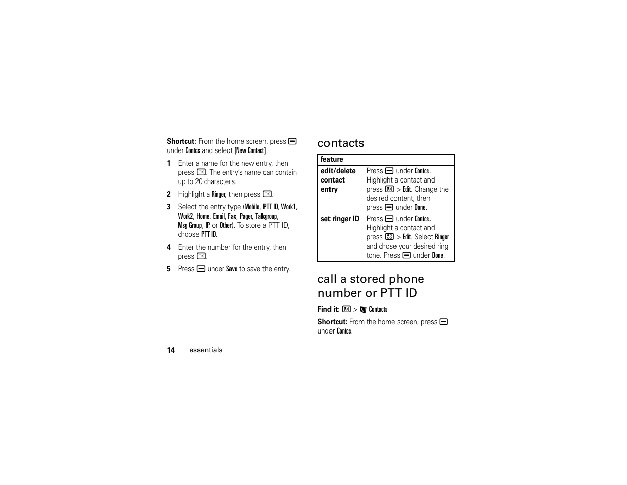 Contacts, Call a stored phone number or ptt id, Contacts call a stored phone number or ptt id | Motorola I296 H88XAH6JR2AN User Manual | Page 18 / 90