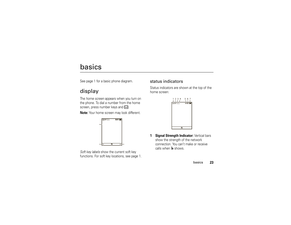 Basics, Display, Status indicators | Motorola I296 H88XAH6JR2AN User Manual | Page 27 / 90