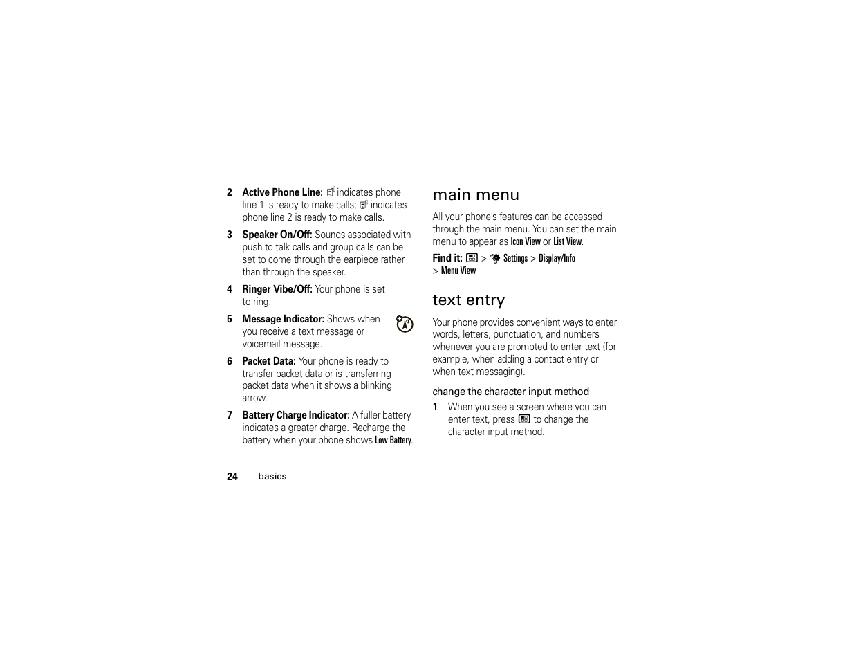 Main menu, Text entry, Main menu text entry | Motorola I296 H88XAH6JR2AN User Manual | Page 28 / 90
