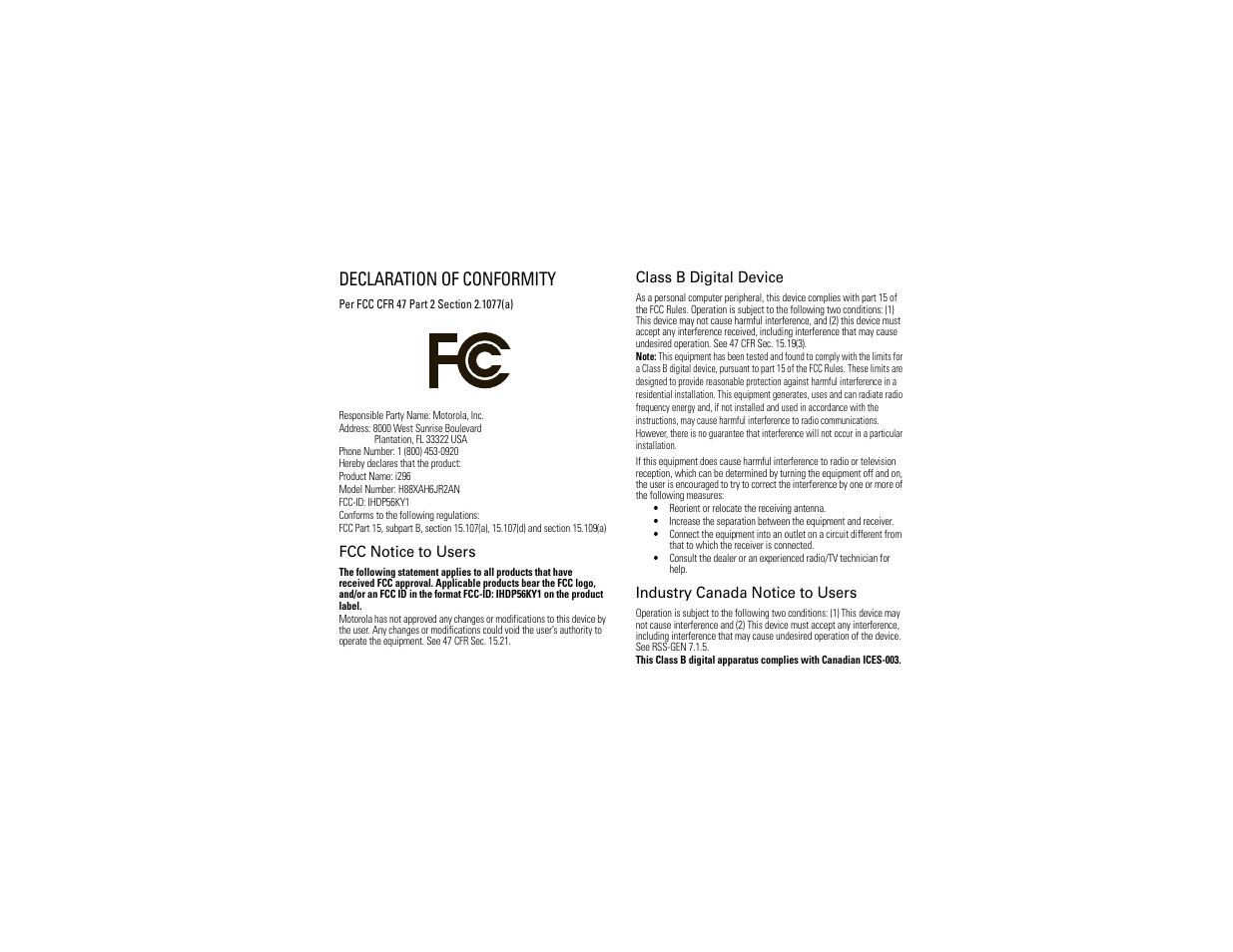 Declaration of conformity | Motorola I296 H88XAH6JR2AN User Manual | Page 3 / 90