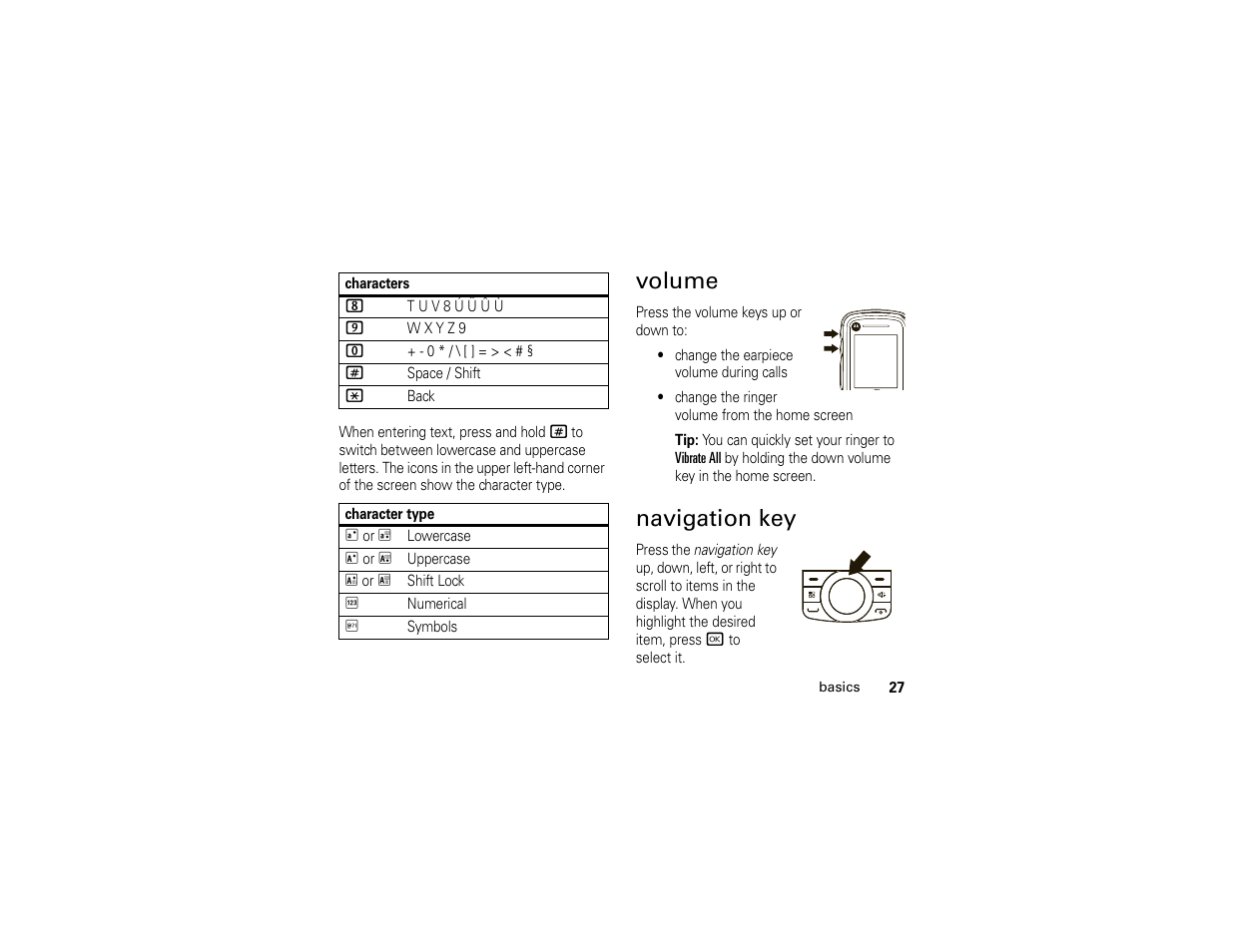 Volume, Navigation key, Volume navigation key | Motorola I296 H88XAH6JR2AN User Manual | Page 31 / 90