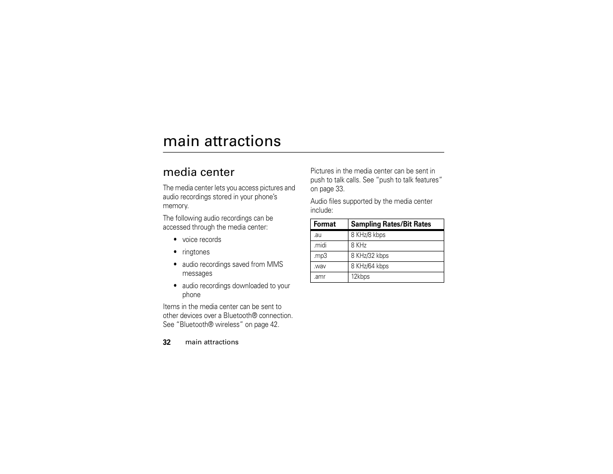 Main attractions, Media center | Motorola I296 H88XAH6JR2AN User Manual | Page 36 / 90