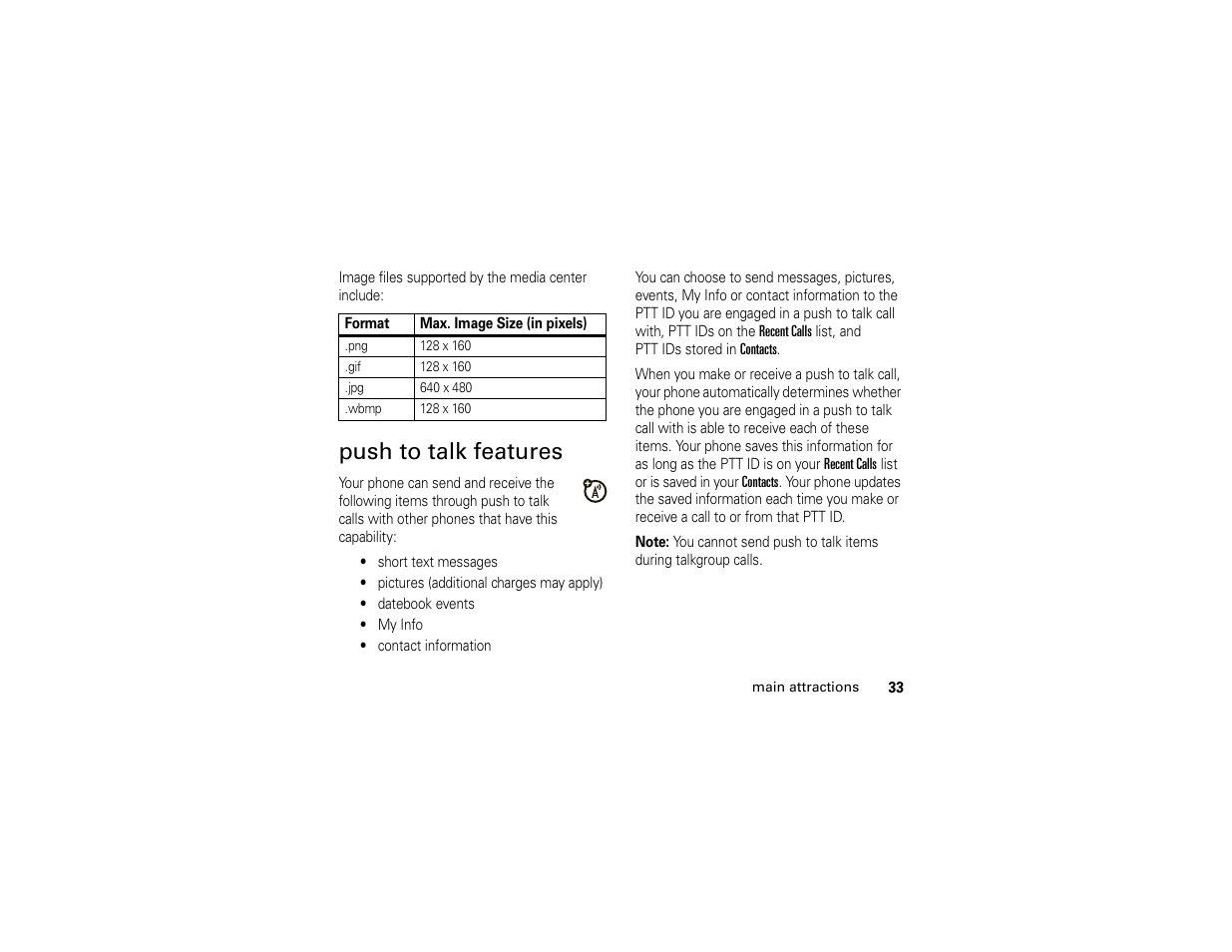 Push to talk features | Motorola I296 H88XAH6JR2AN User Manual | Page 37 / 90