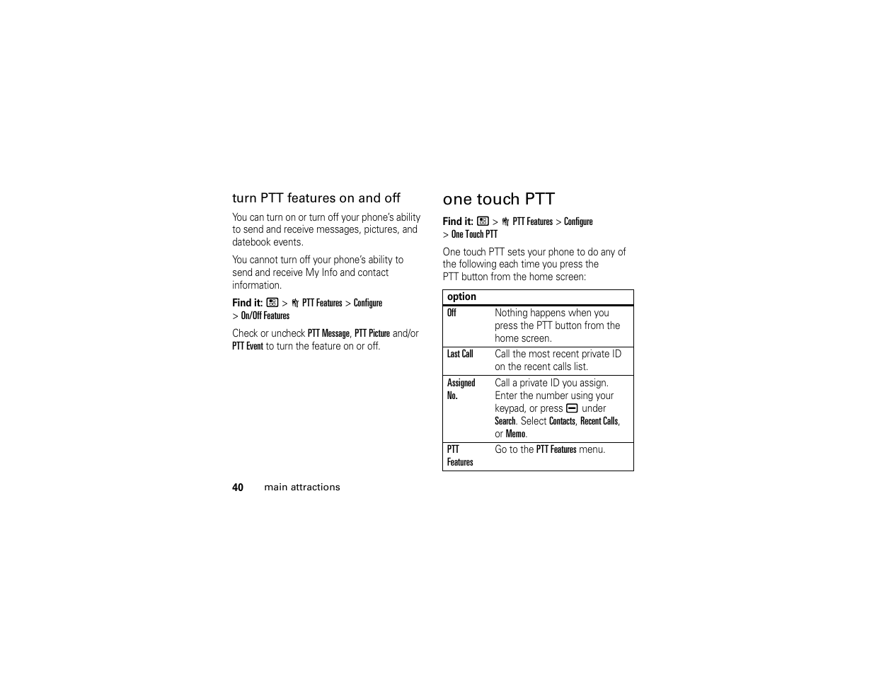 One touch ptt | Motorola I296 H88XAH6JR2AN User Manual | Page 44 / 90