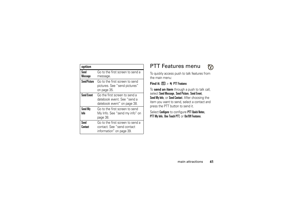 Ptt features menu | Motorola I296 H88XAH6JR2AN User Manual | Page 45 / 90