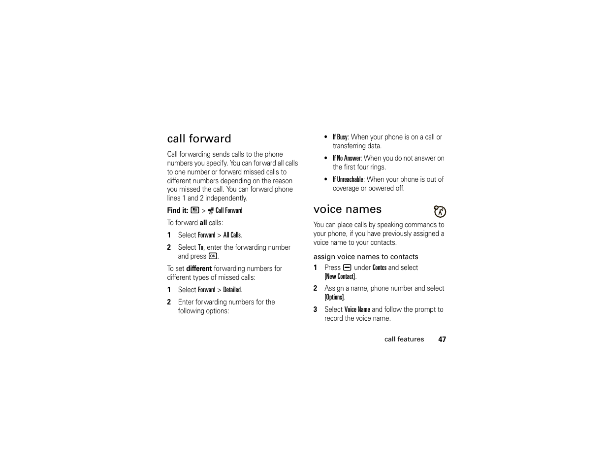 Call forward, Voice names, Call forward voice names | Motorola I296 H88XAH6JR2AN User Manual | Page 51 / 90