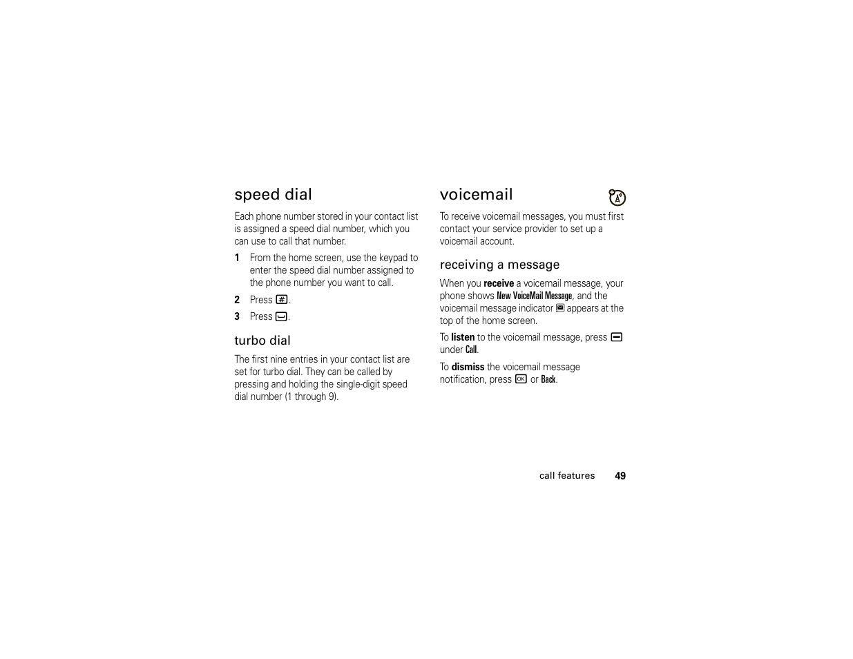 Speed dial, Voicemail, Speed dial voicemail | Motorola I296 H88XAH6JR2AN User Manual | Page 53 / 90