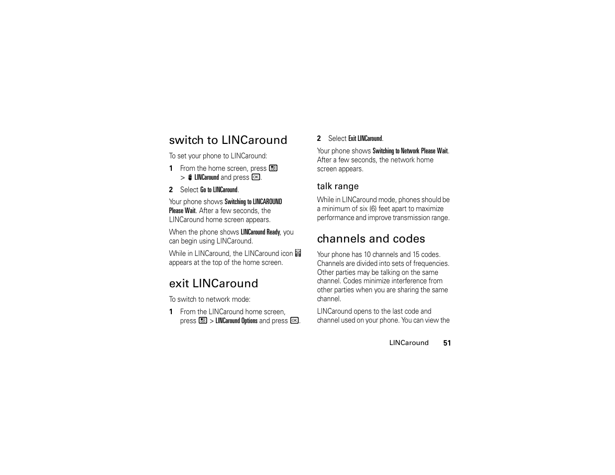 Switch to lincaround, Exit lincaround, Channels and codes | Motorola I296 H88XAH6JR2AN User Manual | Page 55 / 90