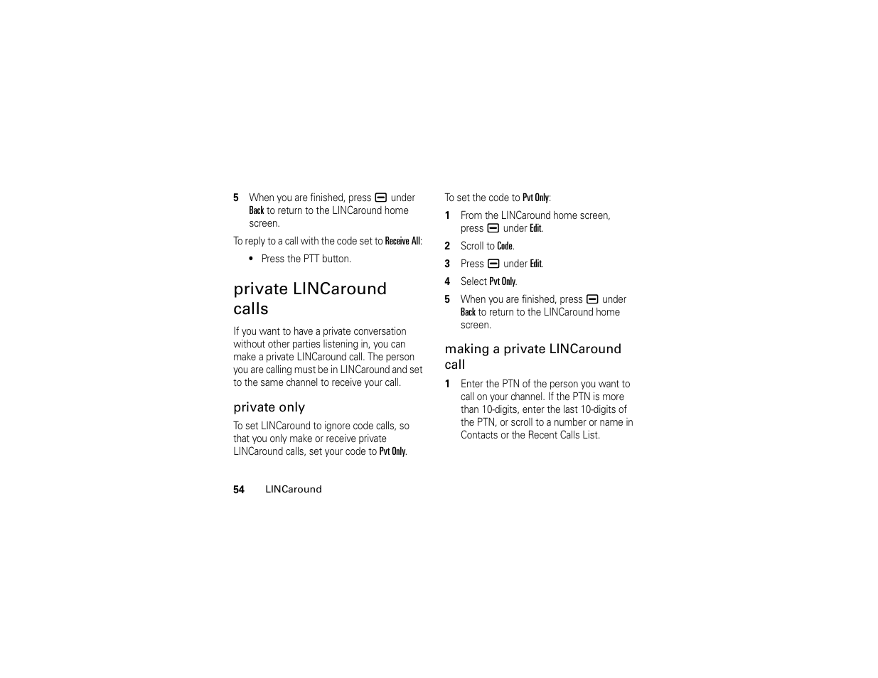 Private lincaround calls | Motorola I296 H88XAH6JR2AN User Manual | Page 58 / 90