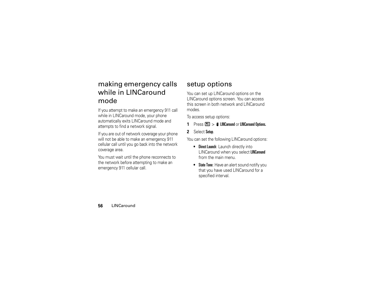 Making emergency calls while in lincaround mode, Setup options | Motorola I296 H88XAH6JR2AN User Manual | Page 60 / 90