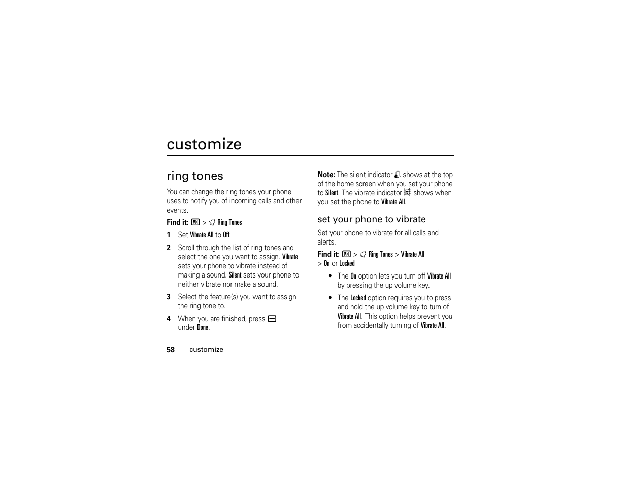 Customize, Ring tones | Motorola I296 H88XAH6JR2AN User Manual | Page 62 / 90