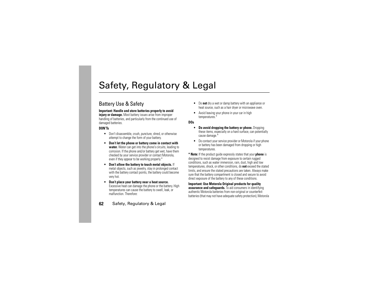 Safety, regulatory & legal, Battery use & safety | Motorola I296 H88XAH6JR2AN User Manual | Page 66 / 90