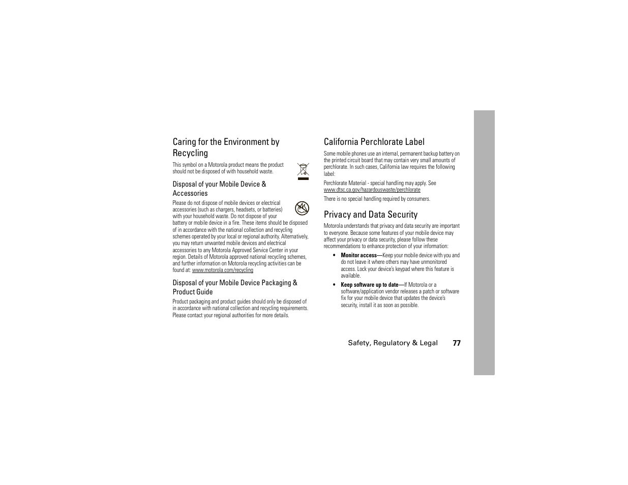 Caring for the environment by recycling, California perchlorate label, Privacy and data security | Motorola I296 H88XAH6JR2AN User Manual | Page 81 / 90