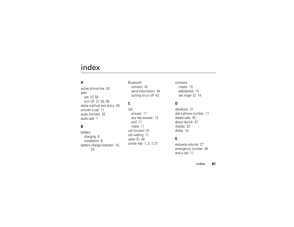 Index | Motorola I296 H88XAH6JR2AN User Manual | Page 85 / 90