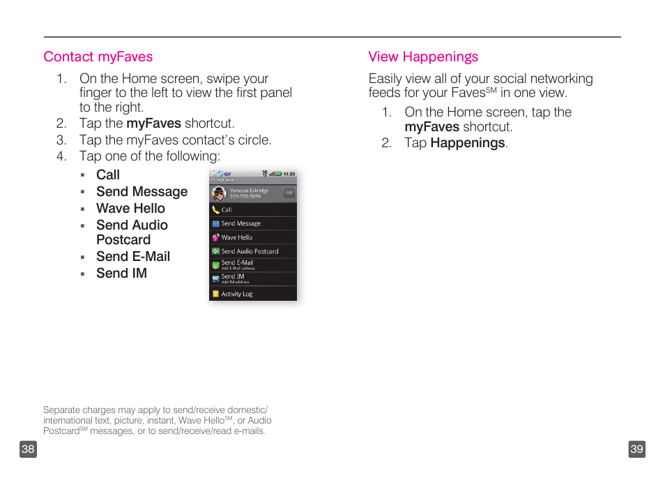 Contact myfaves, View happenings, Call | Send message, Wave hello, Send audio postcard, Send e-mail, Send im | Motorola CLIQ TM1668 User Manual | Page 21 / 41