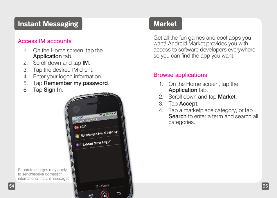 Instant messaging, Market | Motorola CLIQ TM1668 User Manual | Page 29 / 41