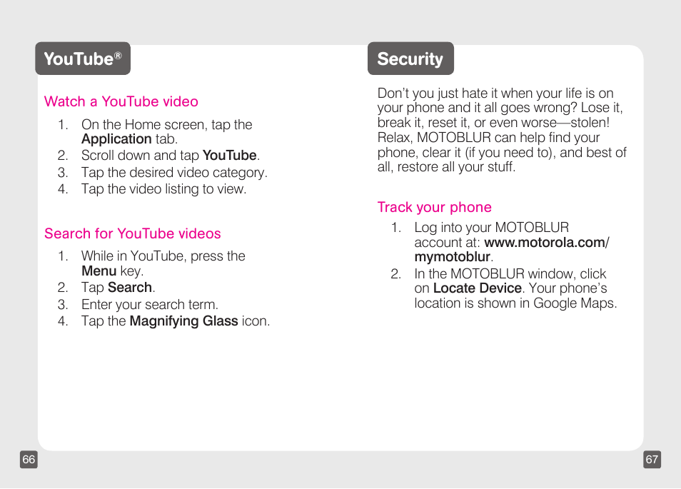 Youtube, Security | Motorola CLIQ TM1668 User Manual | Page 35 / 41