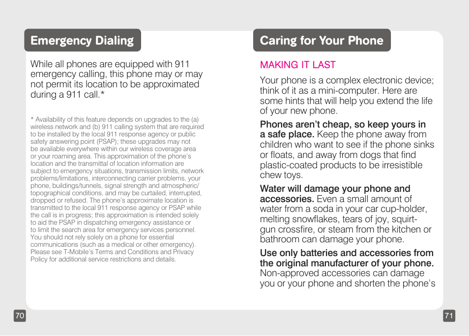 Emergency dialing, Caring for your phone, Making it last | Motorola CLIQ TM1668 User Manual | Page 37 / 41