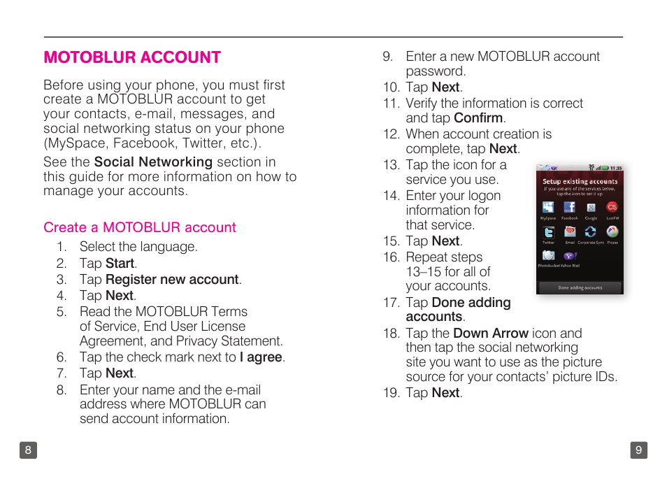 Motoblur account | Motorola CLIQ TM1668 User Manual | Page 6 / 41