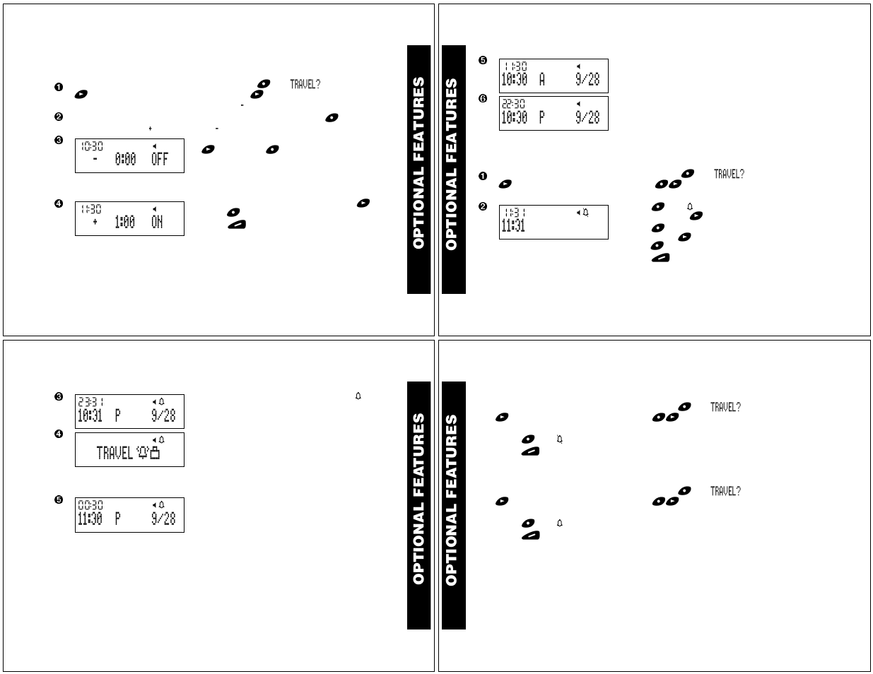 Setting the travel alarm, Quicknotes, 00 off | 00 on, Travel | Motorola T340 User Manual | Page 10 / 14