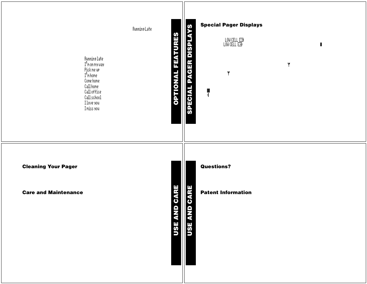 Low battery, Out of range, Special message icons | Use and care, Care and maintenance, Questions, Patent information | Motorola T340 User Manual | Page 11 / 14