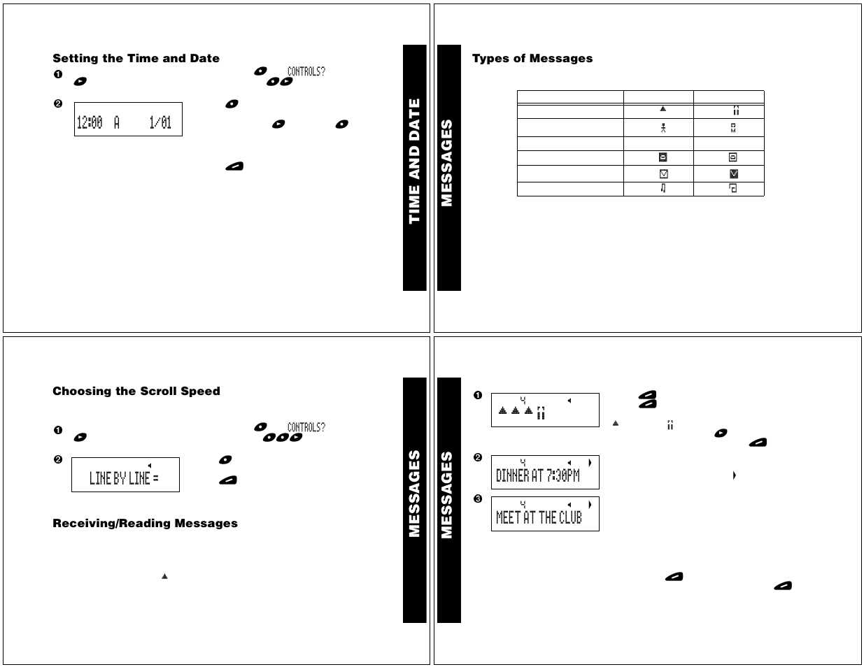 Getting started, Setting the time and date, Types of messages | Choosing the scroll speed, Receiving/ reading messages, Mes sa ges, Messa g e s, Line by line, Dinner at 7:30pm, Meet at the club | Motorola T340 User Manual | Page 3 / 14