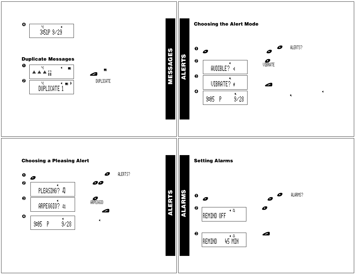 Messages, Duplicate messages, Alerts | Choosing the alert mode, Choosing a pleasing alert, Setting alarms, Messa g e s, Al er ts, Al arm s, Duplicate 1 | Motorola T340 User Manual | Page 4 / 14