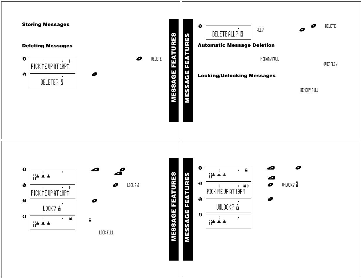 Message features, Storing messages, Deleting messages | Automatic message deletion, Locking/ unlocking messages | Motorola T340 User Manual | Page 7 / 14