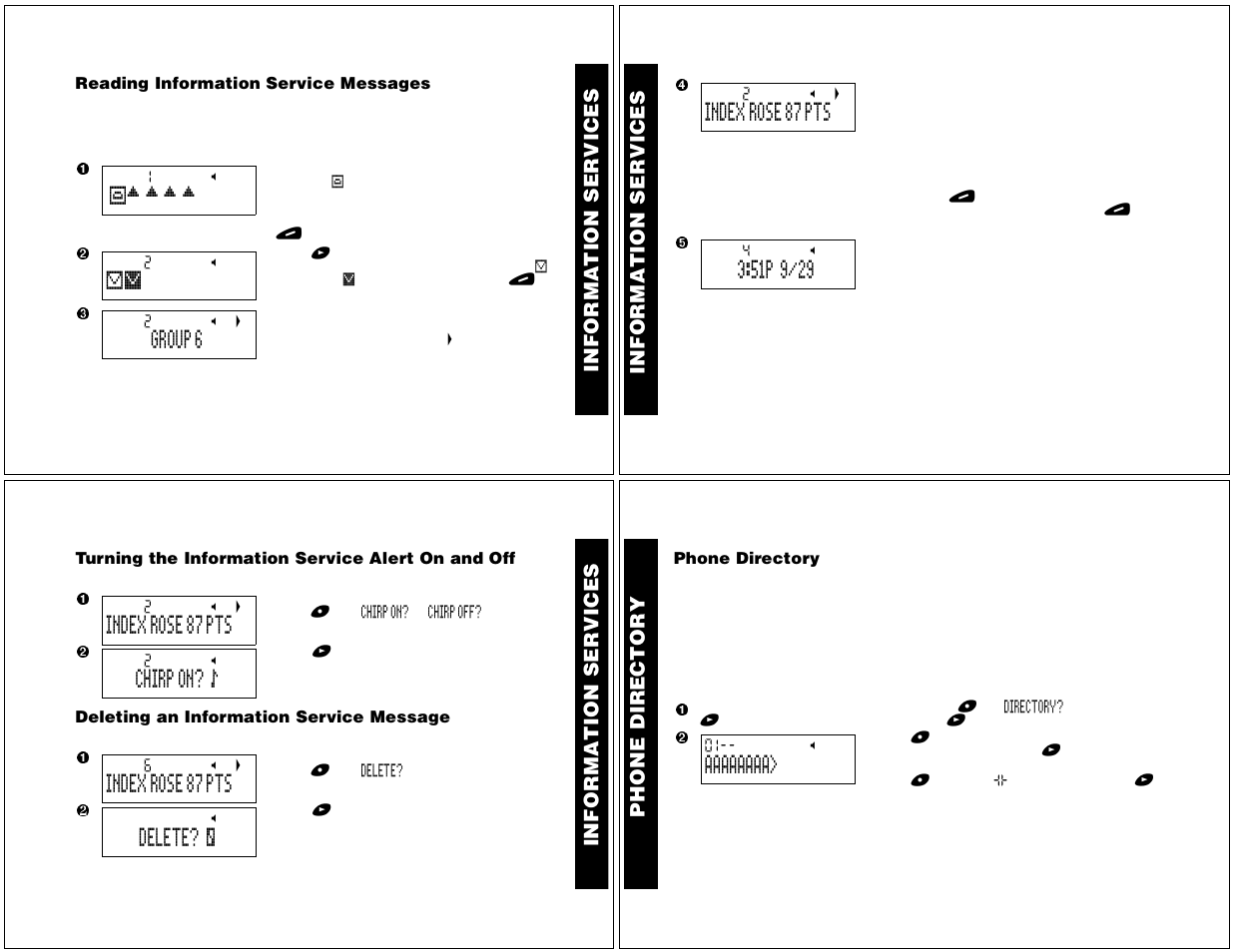 Information services, Reading information service messages, Turning the information service alert on and off | Deleting an information service message, Phone directory, Entering a phone directory entry, Ph one d ir e c tor y | Motorola T340 User Manual | Page 8 / 14