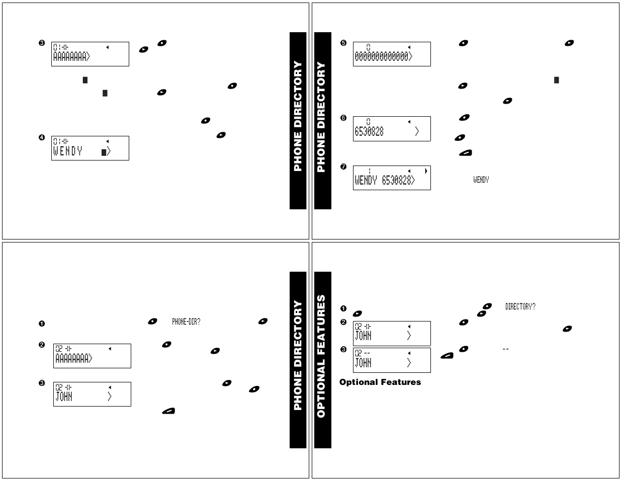 Adding a received message to the ph one director, Deleting a phone directory entry, Optional features | Setting the travel clock, Phone d ir e c tor y, Ph one d ir e c tor y, John | Motorola T340 User Manual | Page 9 / 14