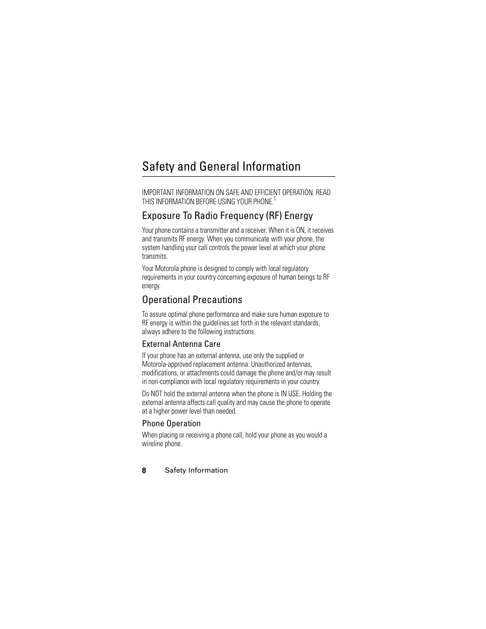 Safety information, Safety and general information, Exposure to radio frequency (rf) energy | Operational precautions | Motorola GSM L2 User Manual | Page 10 / 83