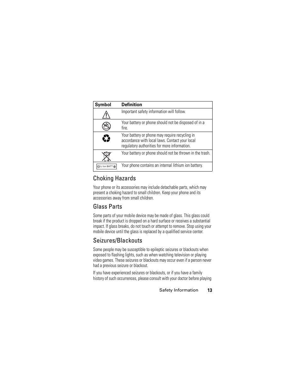 Choking hazards, Glass parts, Seizures/blackouts | Motorola GSM L2 User Manual | Page 15 / 83