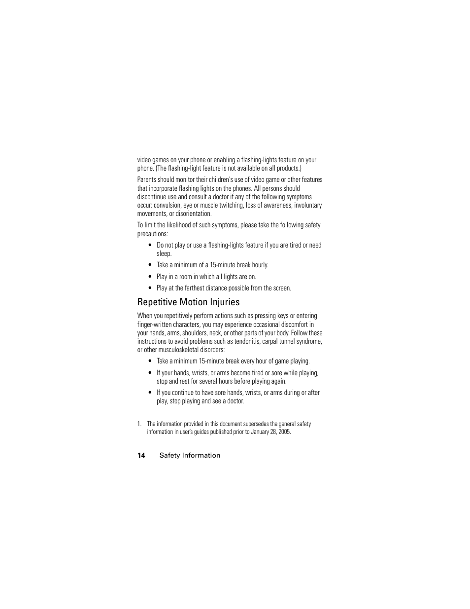 Repetitive motion injuries | Motorola GSM L2 User Manual | Page 16 / 83