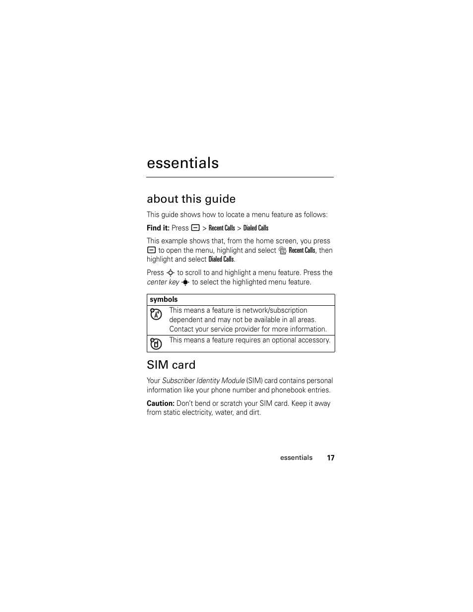 Essentials, About this guide, Sim card | About this guide sim card | Motorola GSM L2 User Manual | Page 19 / 83