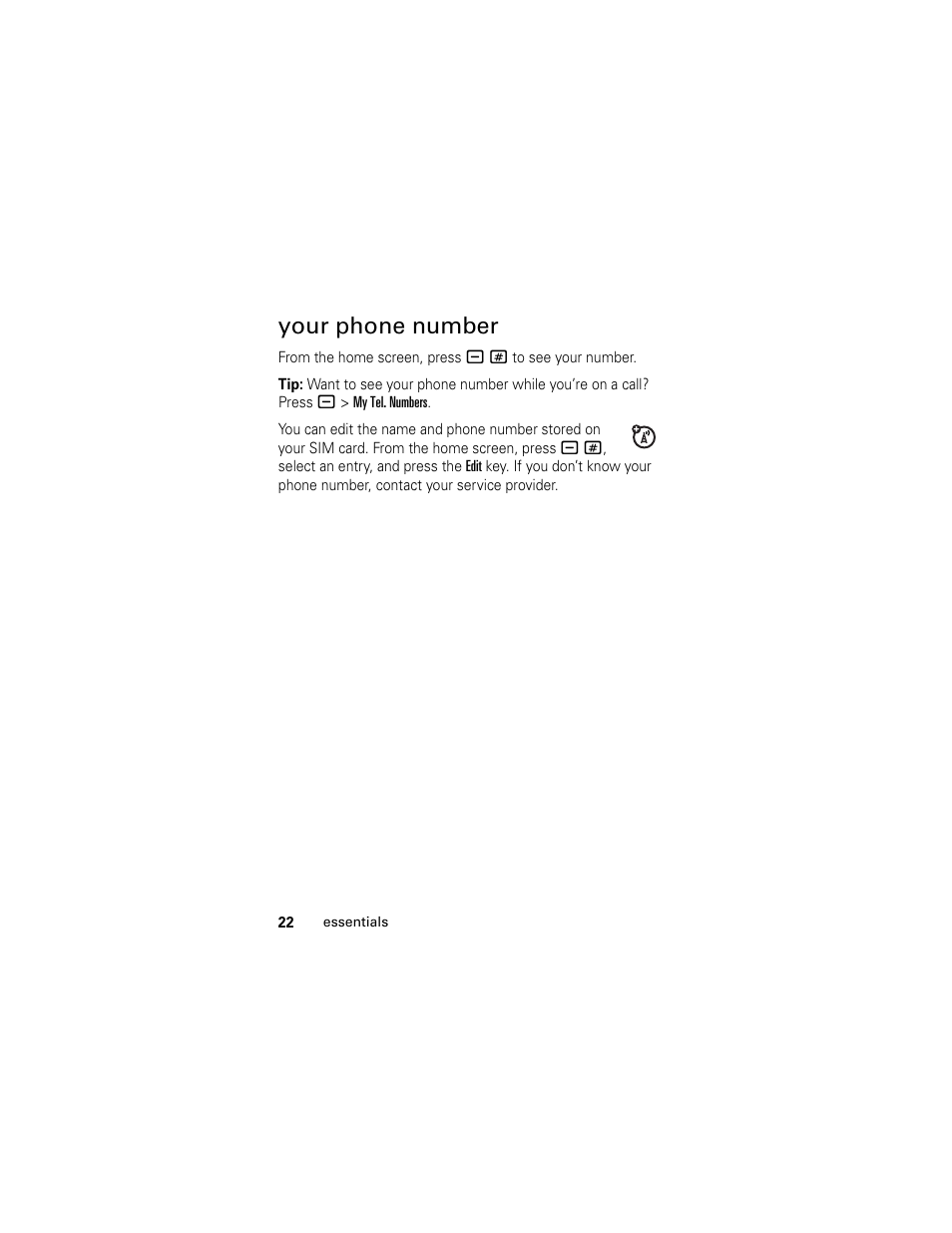 Your phone number | Motorola GSM L2 User Manual | Page 24 / 83